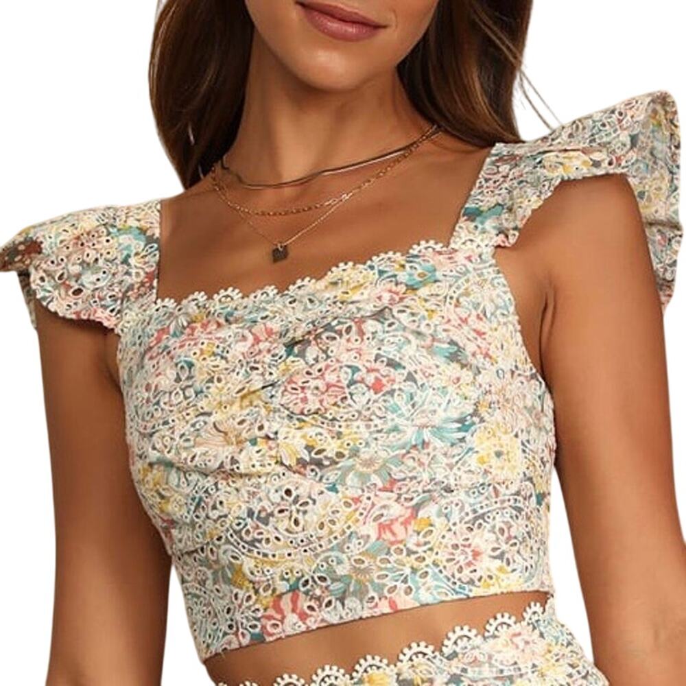 Lulus Sweeter Than Ever Floral Eyelet Ruffle Sleeve Crop Top Size XL